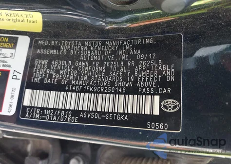 2012 Toyota Camry Se/Le/Xle from USA, damaged, VIN 4T4BF1FK9CR250146